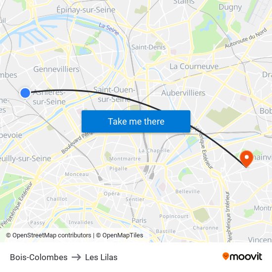 Bois-Colombes to Les Lilas map