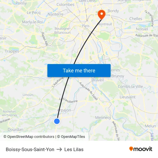 Boissy-Sous-Saint-Yon to Les Lilas map
