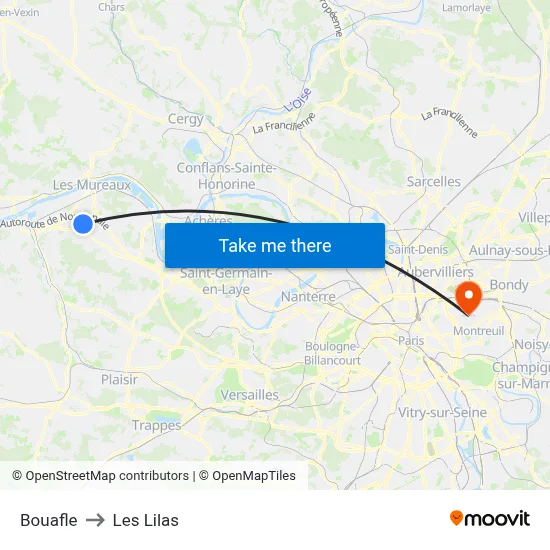 Bouafle to Les Lilas map