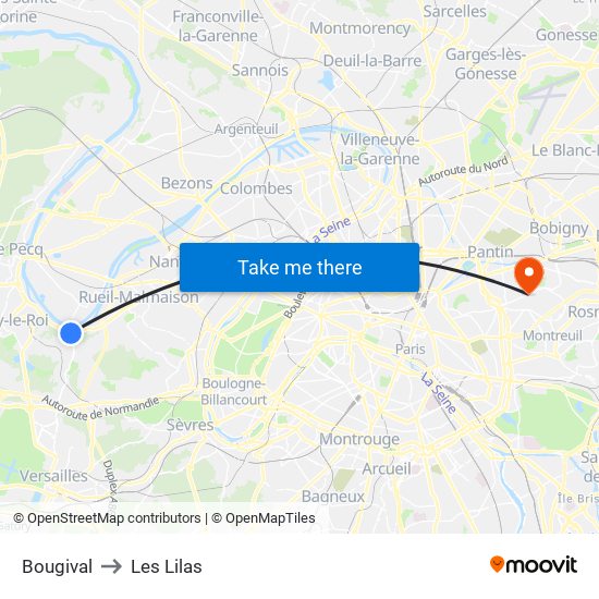 Bougival to Les Lilas map