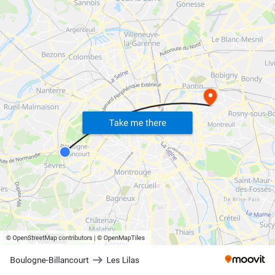 Boulogne-Billancourt to Les Lilas map