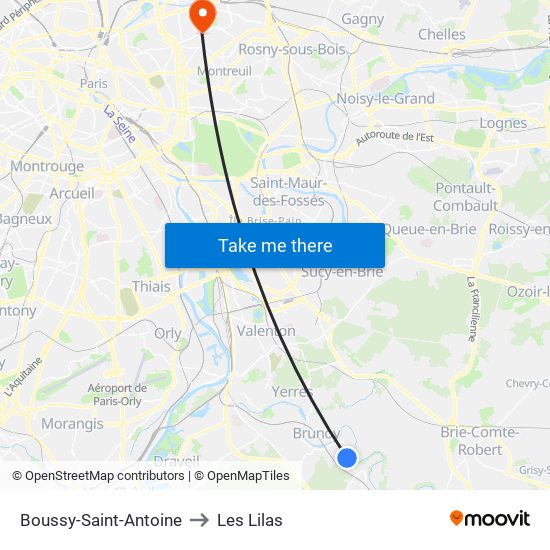 Boussy-Saint-Antoine to Les Lilas map