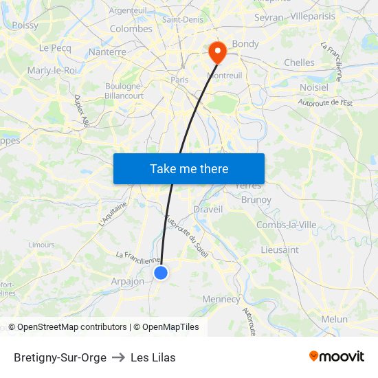 Bretigny-Sur-Orge to Les Lilas map