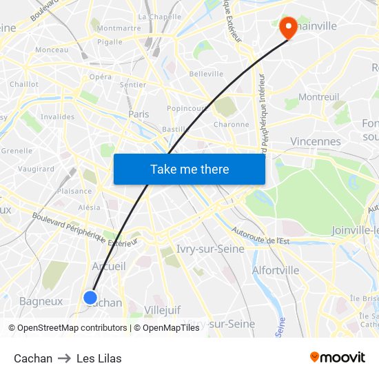 Cachan to Les Lilas map