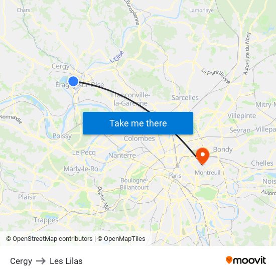 Cergy to Les Lilas map