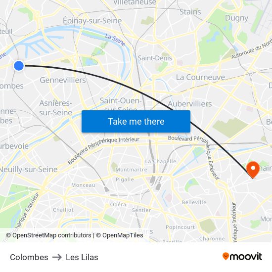 Colombes to Les Lilas map