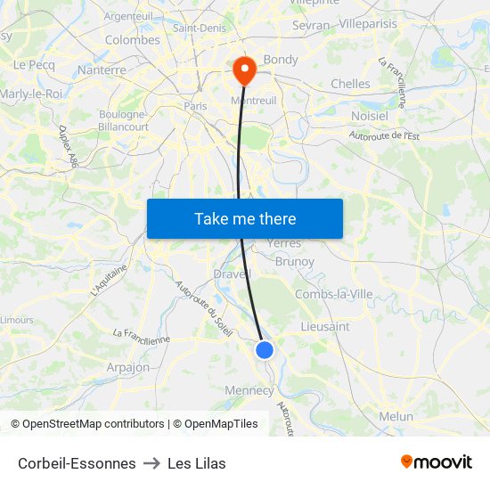 Corbeil-Essonnes to Les Lilas map