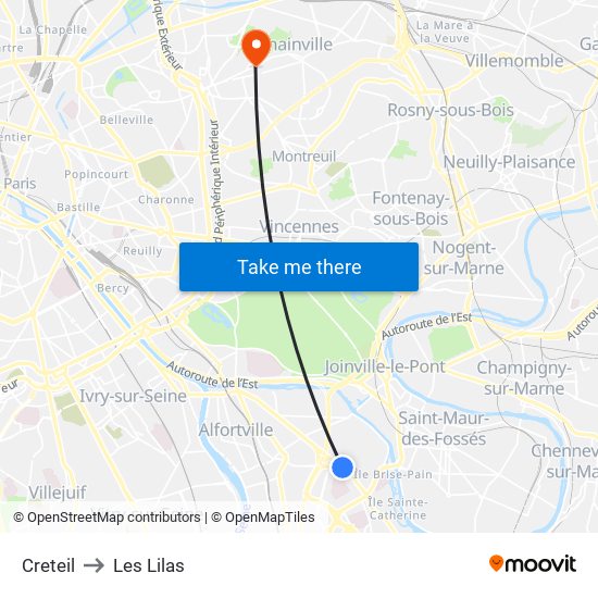 Creteil to Les Lilas map
