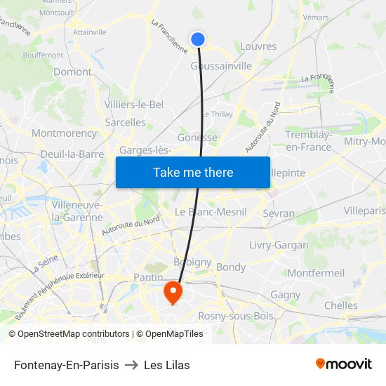 Fontenay-En-Parisis to Les Lilas map