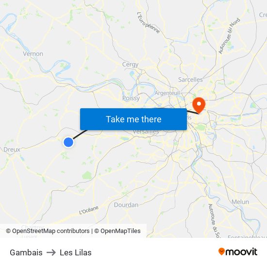 Gambais to Les Lilas map