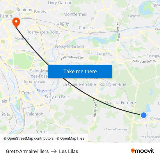 Gretz-Armainvilliers to Les Lilas map