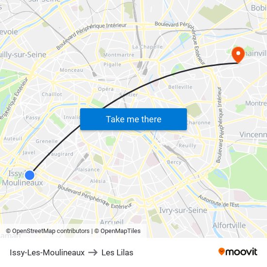 Issy-Les-Moulineaux to Les Lilas map