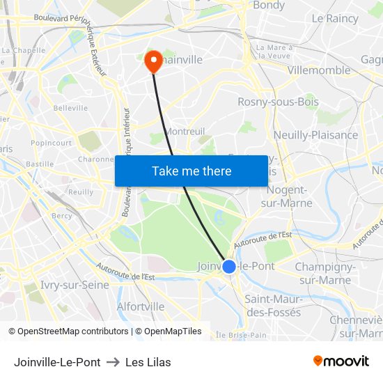 Joinville-Le-Pont to Les Lilas map