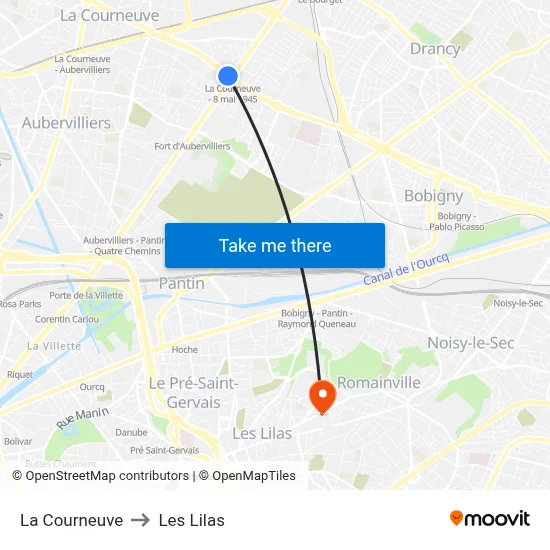 La Courneuve to Les Lilas map