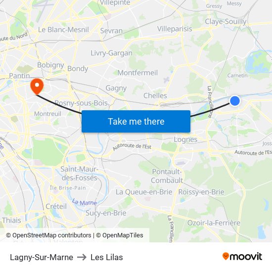 Lagny-Sur-Marne to Les Lilas map