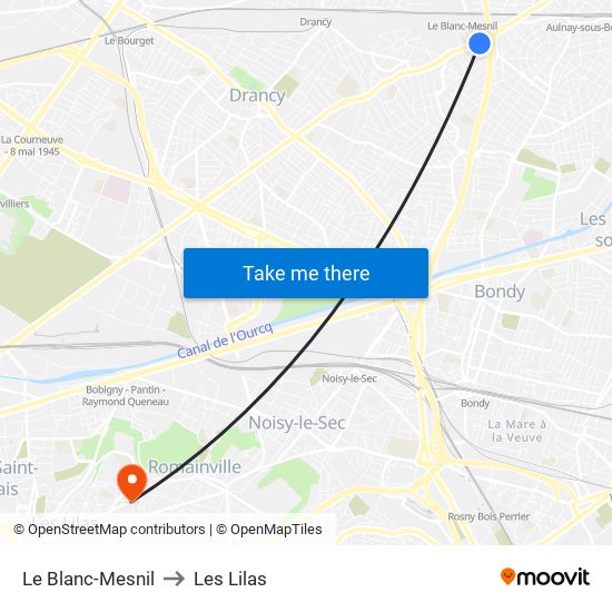 Le Blanc-Mesnil to Les Lilas map