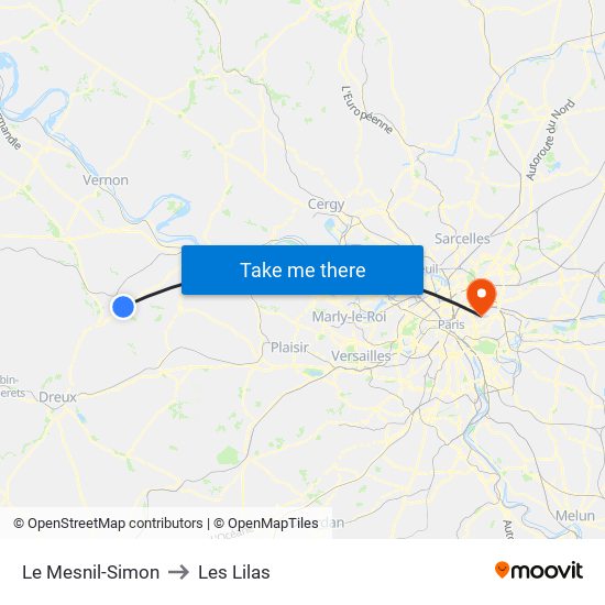 Le Mesnil-Simon to Les Lilas map
