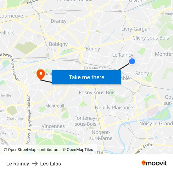 Le Raincy to Les Lilas map