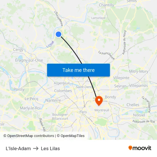 L'Isle-Adam to Les Lilas map