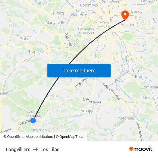 Longvilliers to Les Lilas map