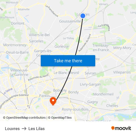 Louvres to Les Lilas map