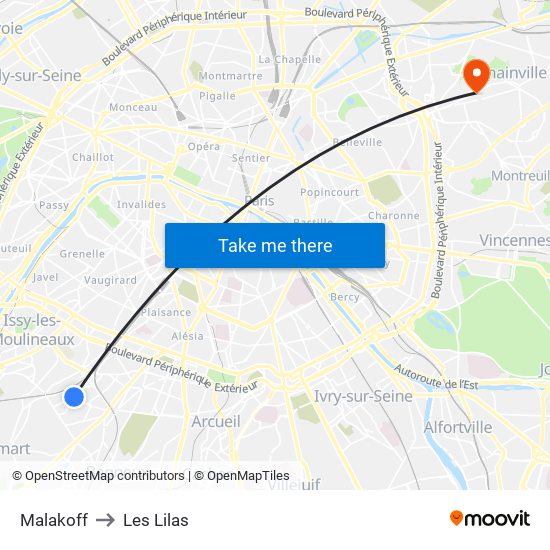Malakoff to Les Lilas map