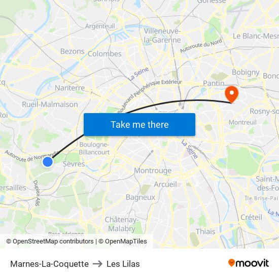 Marnes-La-Coquette to Les Lilas map