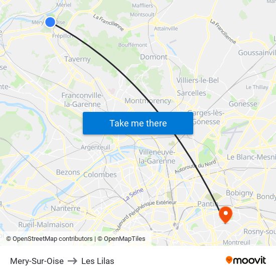Mery-Sur-Oise to Les Lilas map