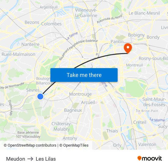 Meudon to Les Lilas map