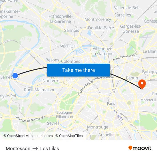 Montesson to Les Lilas map
