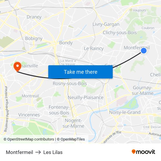 Montfermeil to Les Lilas map