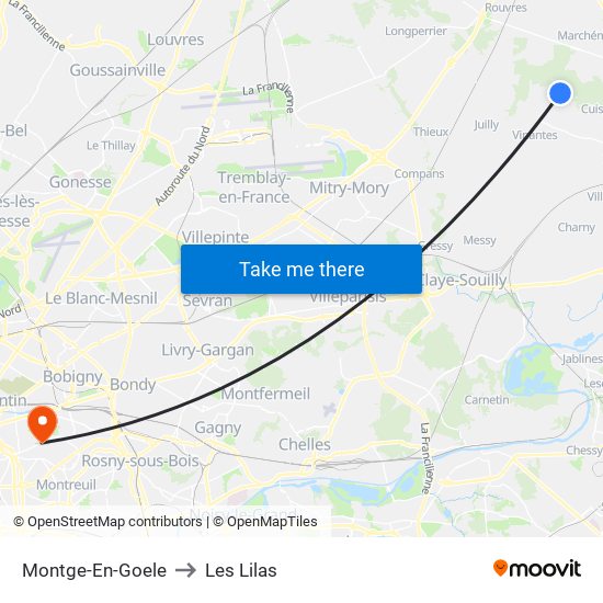 Montge-En-Goele to Les Lilas map