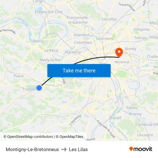 Montigny-Le-Bretonneux to Les Lilas map