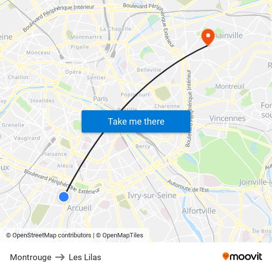 Montrouge to Les Lilas map