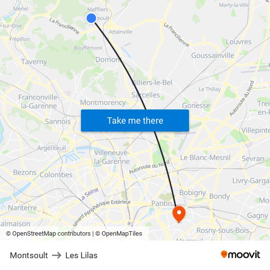 Montsoult to Les Lilas map