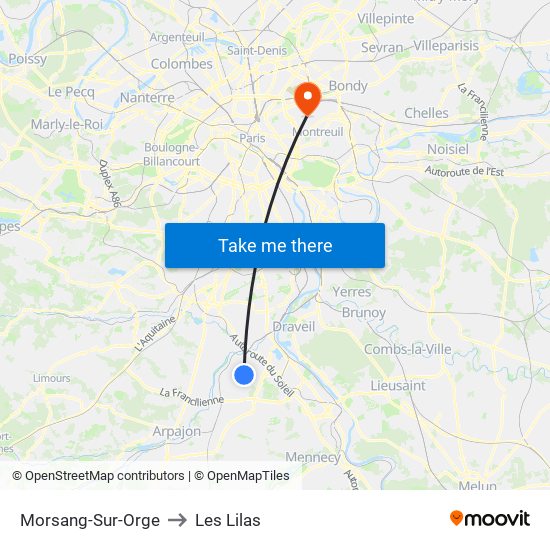 Morsang-Sur-Orge to Les Lilas map