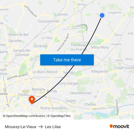 Moussy-Le-Vieux to Les Lilas map