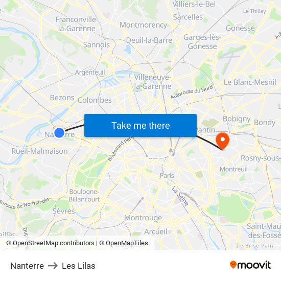 Nanterre to Les Lilas map