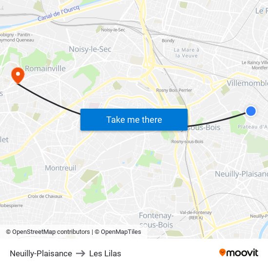 Neuilly-Plaisance to Les Lilas map