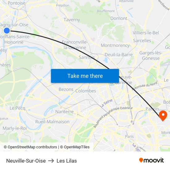 Neuville-Sur-Oise to Les Lilas map