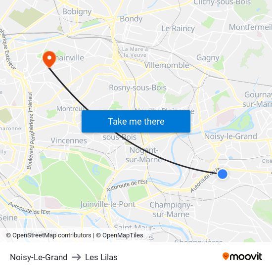 Noisy-Le-Grand to Les Lilas map