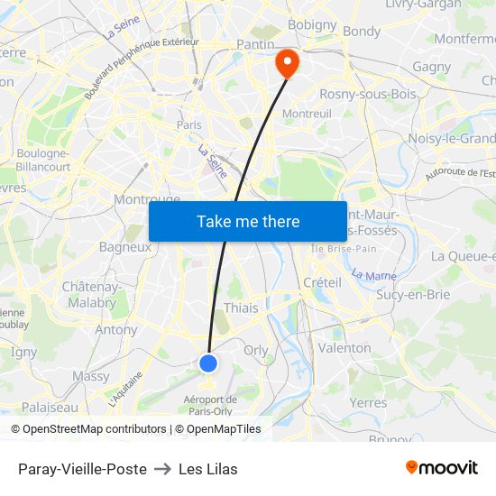 Paray-Vieille-Poste to Les Lilas map