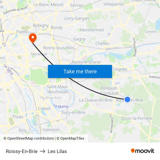 Roissy-En-Brie to Les Lilas map