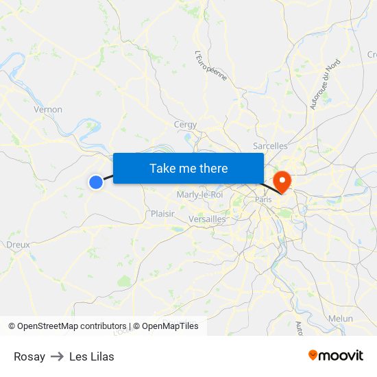 Rosay to Les Lilas map