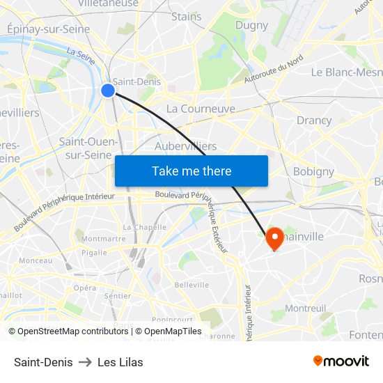 Saint-Denis to Les Lilas map