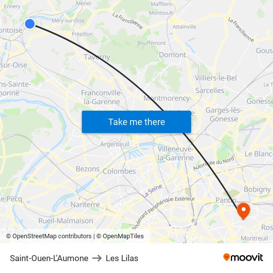 Saint-Ouen-L'Aumone to Les Lilas map