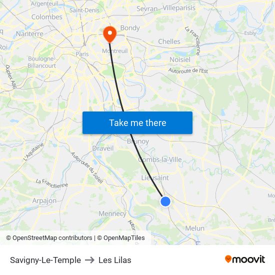 Savigny-Le-Temple to Les Lilas map