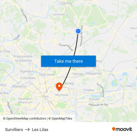 Survilliers to Les Lilas map