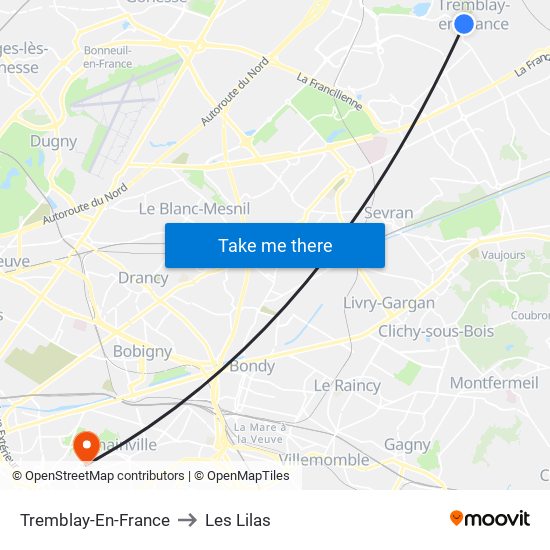 Tremblay-En-France to Les Lilas map