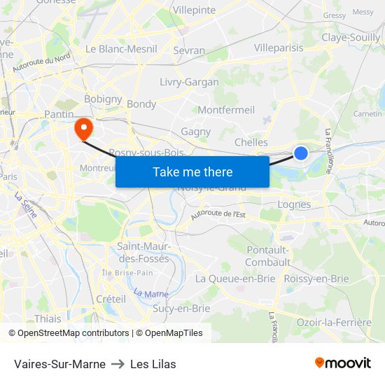 Vaires-Sur-Marne to Les Lilas map